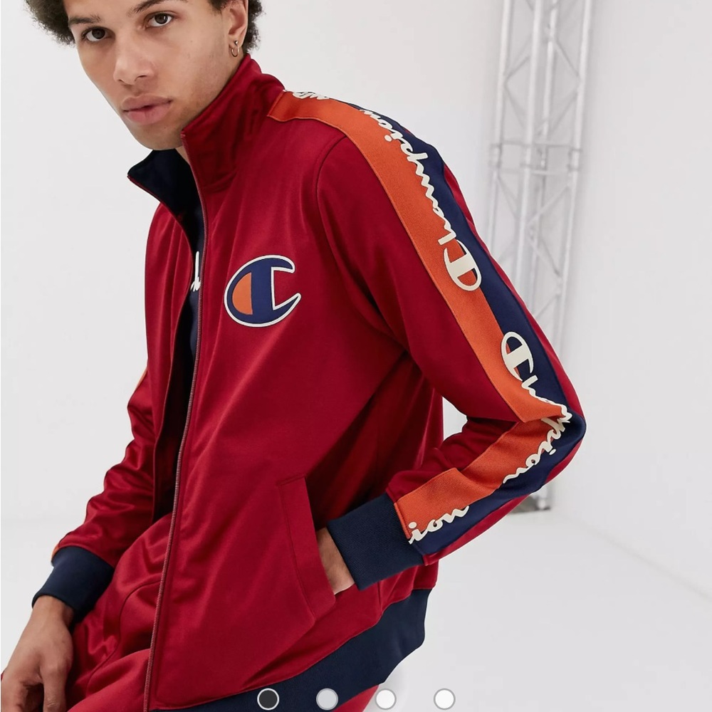 Champion Tricot Track Jacket with Large Logo and Taping in Red
